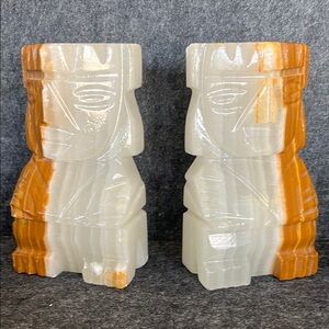 VINTAGE Carved Marble Onyx Stone Tiki BOOKENDS